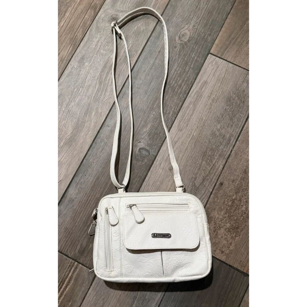 MultiSac Zippy Crossbody Bag White Embossed Floral Pattern